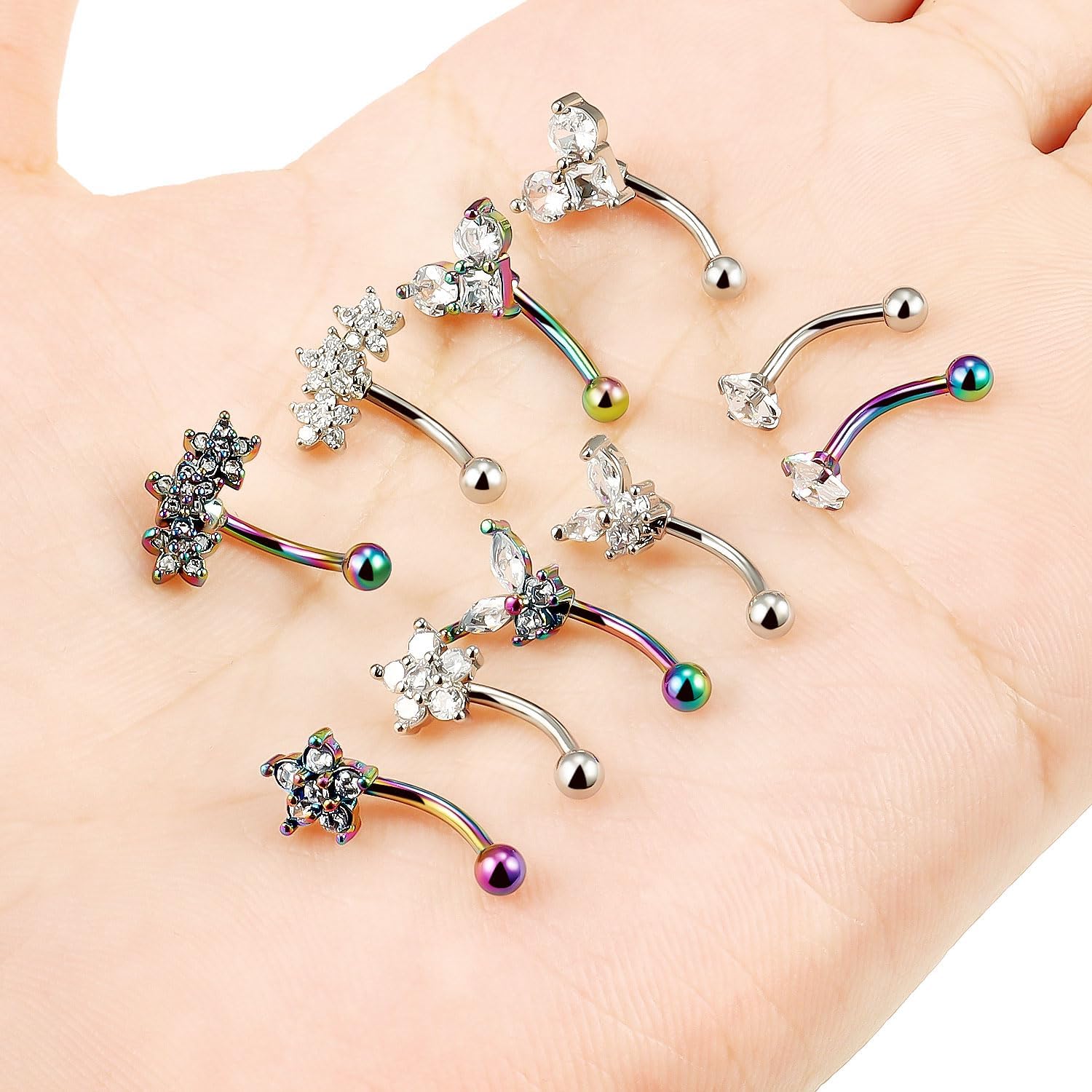 16g 8mm Silver/Black/Rainbow Eyebrow Piercing Jewelry Rings Curved Barbell Surgical Steel Small Belly Button Rook Earrings for Women Men - 我的商店我的商店我的商店