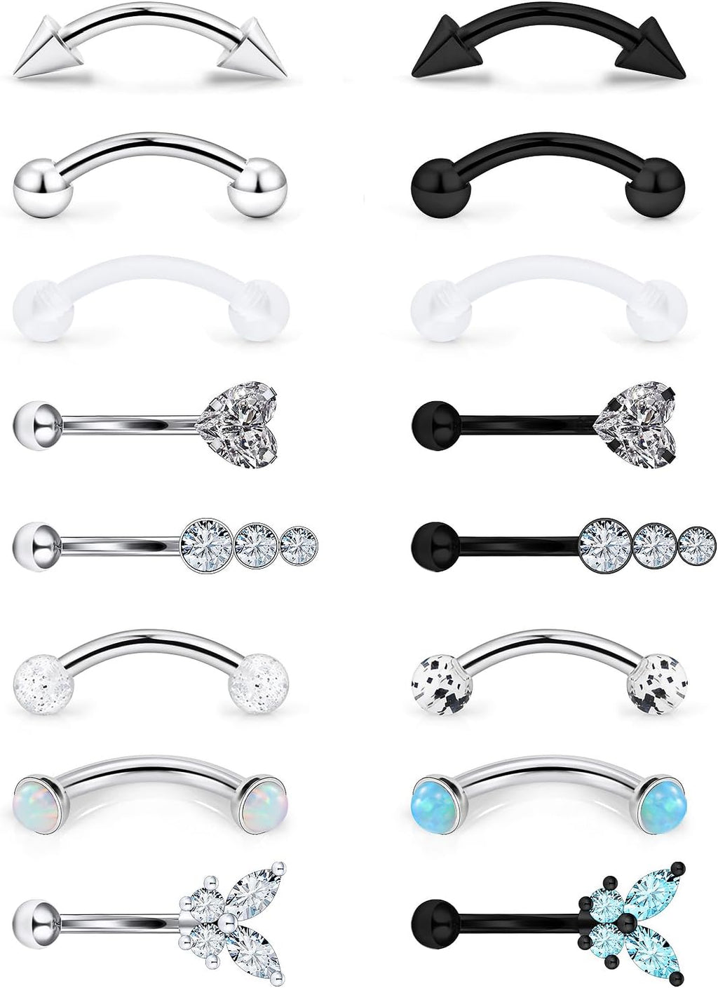 16g 8mm Silver/Black/Rainbow Eyebrow Piercing Jewelry Rings Curved Barbell Vertical Labret Lip Surgical Steel Small Belly Button Snake Eyes Tongue Rook Earrings for Women Men - 我的商店我的商店我的商店