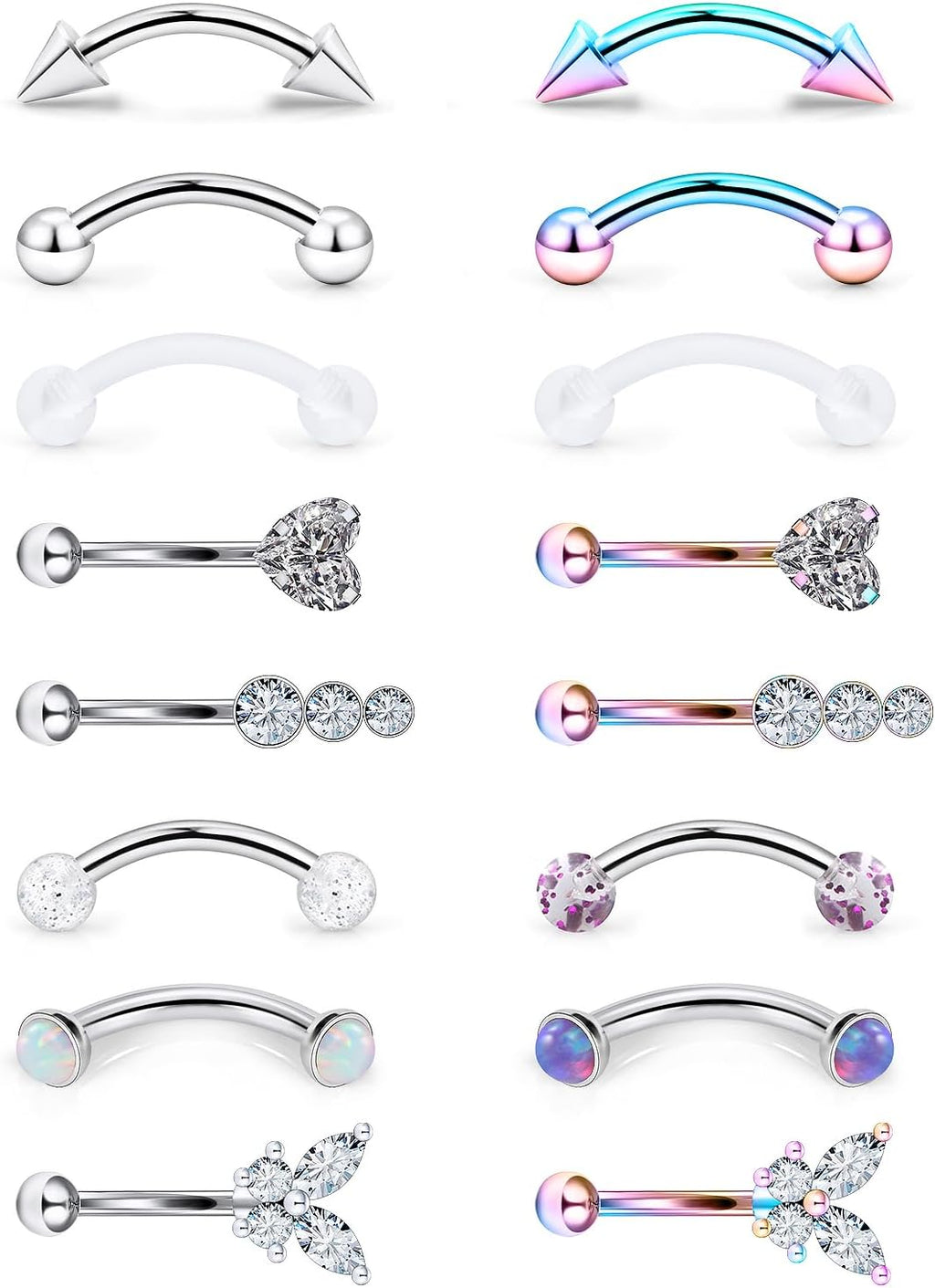 16g 8mm Silver/Black/Rainbow Eyebrow Piercing Jewelry Rings Curved Barbell Vertical Labret Lip Surgical Steel Small Belly Button Snake Eyes Tongue Rook Earrings for Women Men - 我的商店我的商店我的商店