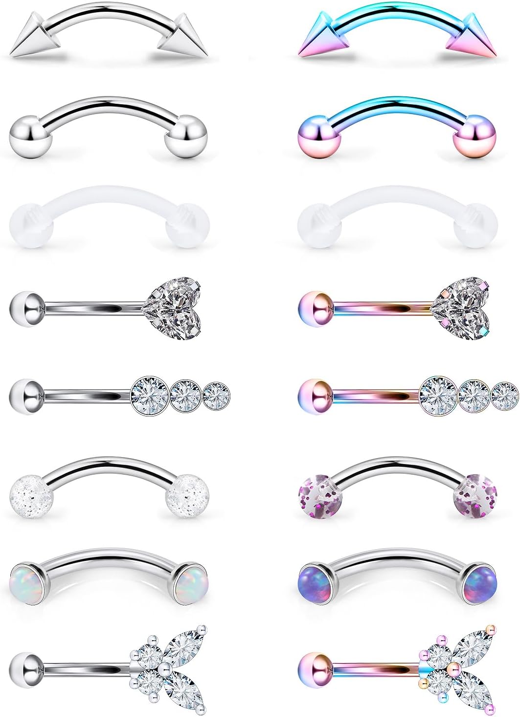 16g 8mm Silver/Black/Rainbow Eyebrow Piercing Jewelry Rings Curved Barbell Vertical Labret Lip Surgical Steel Small Belly Button Snake Eyes Tongue Rook Earrings for Women Men - 我的商店我的商店我的商店