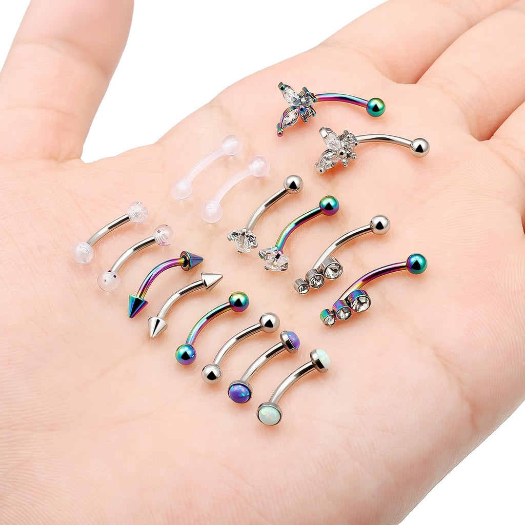 16g 8mm Silver/Black/Rainbow Eyebrow Piercing Jewelry Rings Curved Barbell Vertical Labret Lip Surgical Steel Small Belly Button Snake Eyes Tongue Rook Earrings for Women Men - 我的商店我的商店我的商店