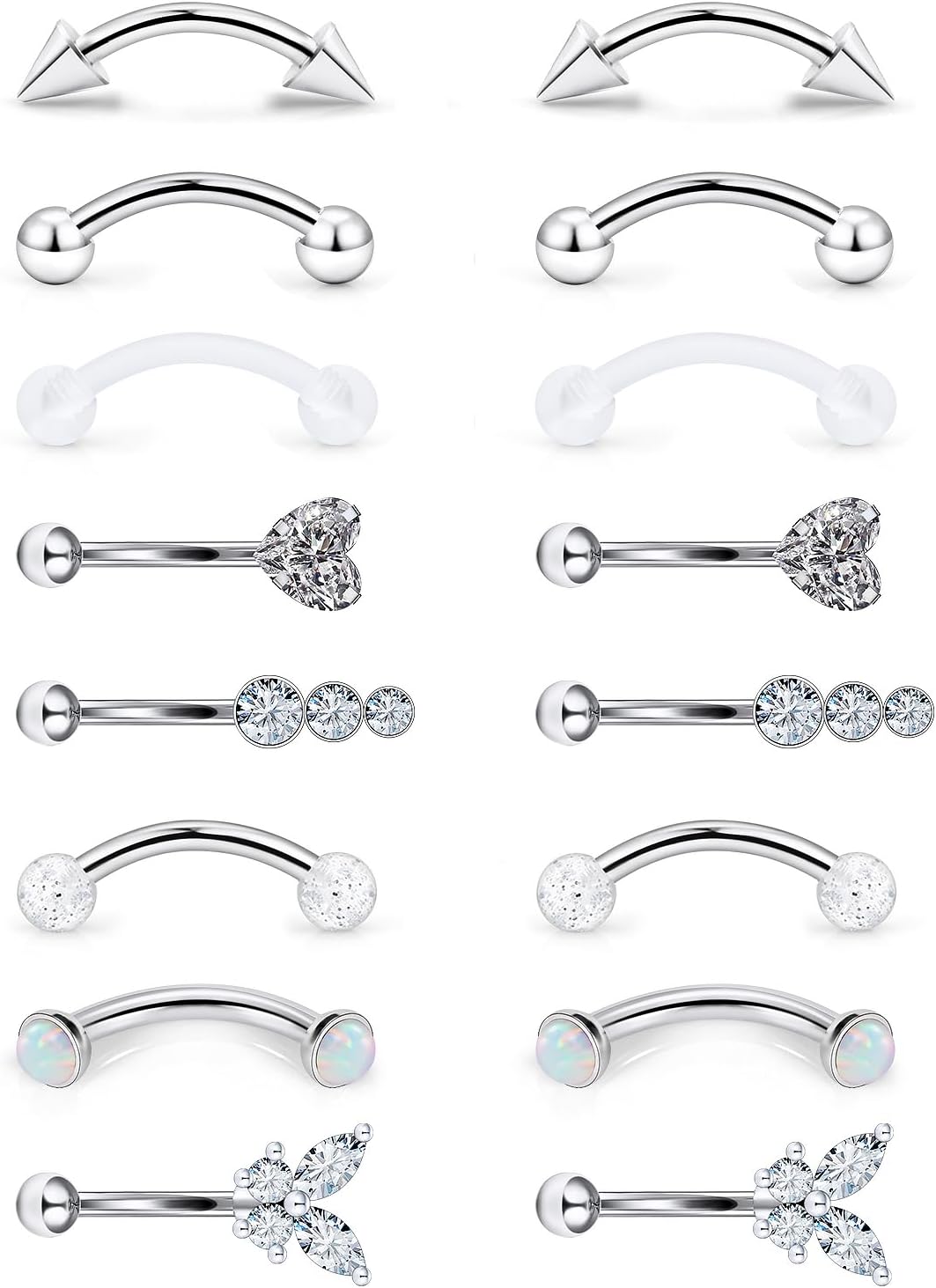 16g 8mm Silver/Black/Rainbow Eyebrow Piercing Jewelry Rings Curved Barbell Vertical Labret Lip Surgical Steel Small Belly Button Snake Eyes Tongue Rook Earrings for Women Men - 我的商店我的商店我的商店