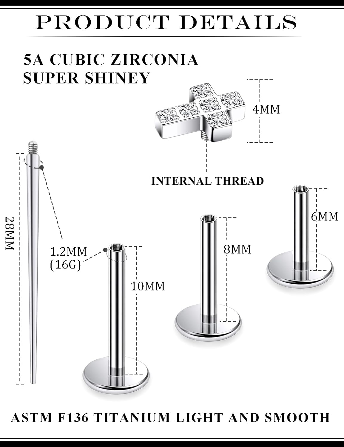 16G Astm F136 Titanium Internal Thread Flat Back Earrings Nose Studs Tragus Forward Helix Conch - QIAO CrystalQIAO CrystalQIAO Crystal