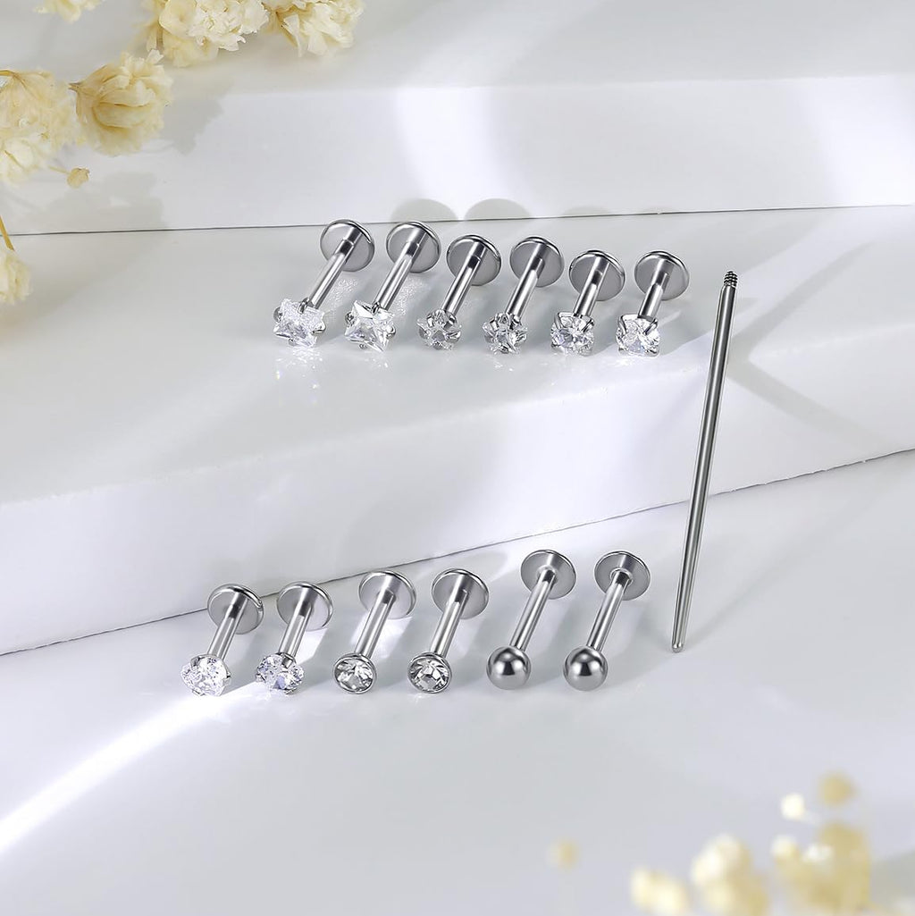 16G Lip Labret Medusa Rings Studs Internally Threaded 316L Surgical Steel Snake Bite Lip Rings Flat Back Catilage Tragus Helix Daith Earrings Piercings Jewelry for Women Men 8mm - QIAO CrystalQIAO CrystalQIAO Crystal