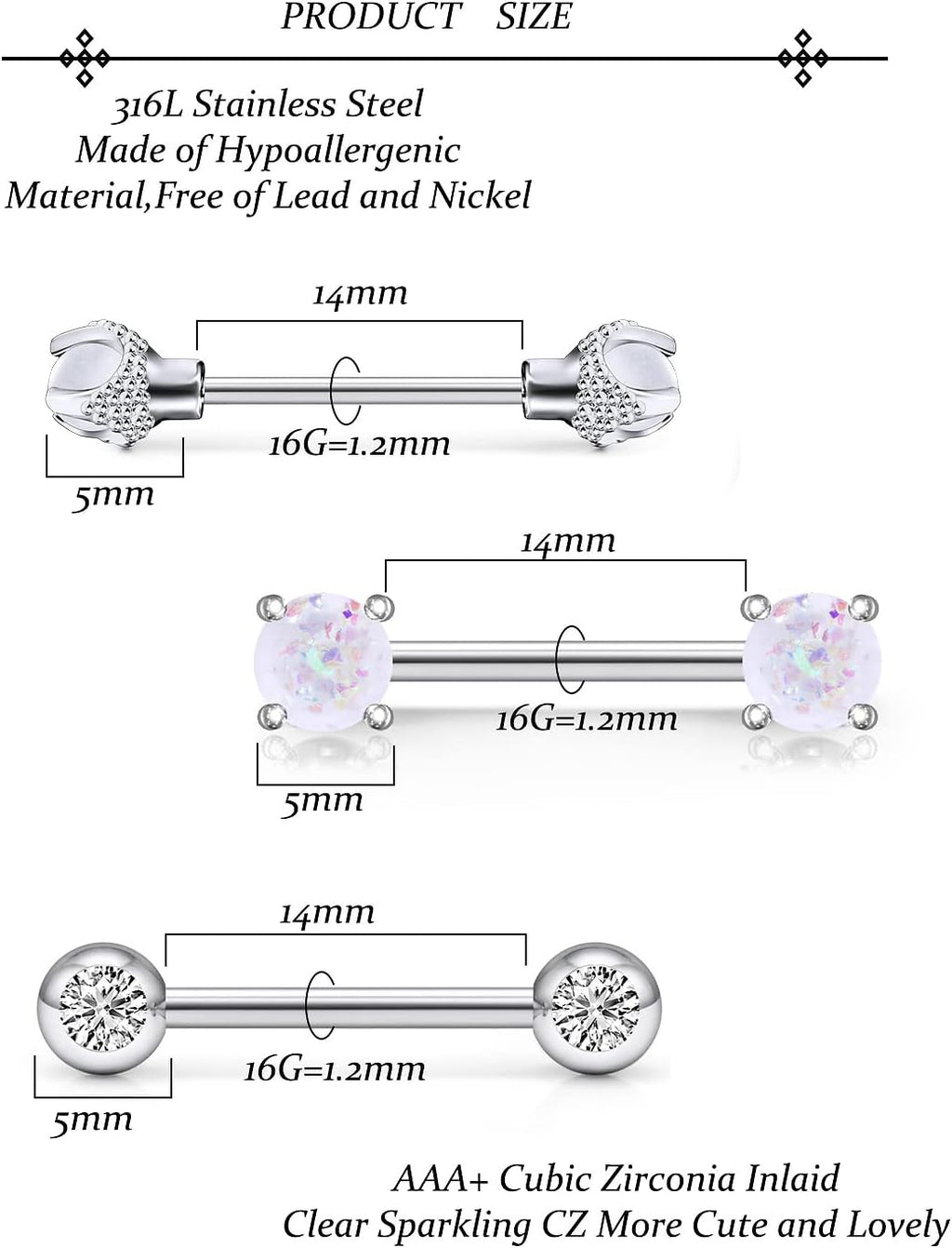 16G Nipple Piercing Jewelry - Surgical Steel Cubic Zirconia Dragon Claw Straight Barbell Nipple Rings in Silver & Rose Gold - QIAO CrystalQIAO CrystalQIAO Crystal