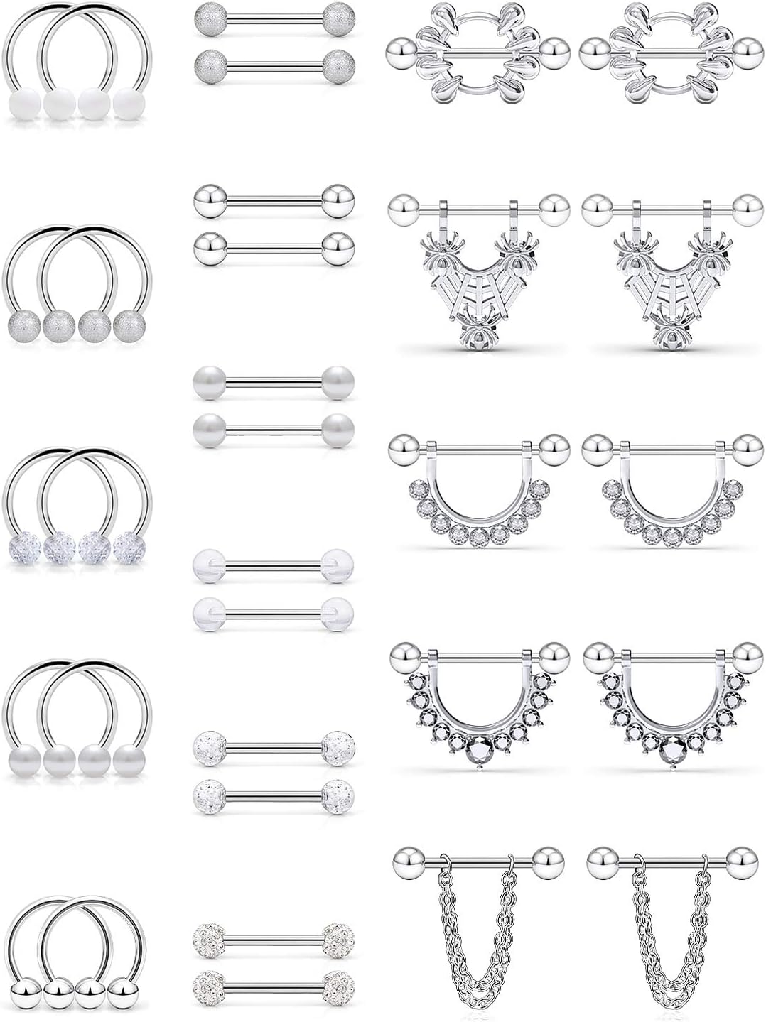 16G Nipple Rings 316L Stainless Steel CZ Nipplerings Shield Tongue Barbell Rings Bars Body Piercing Jewelry for Women - QIAO CrystalQIAO CrystalQIAO Crystal