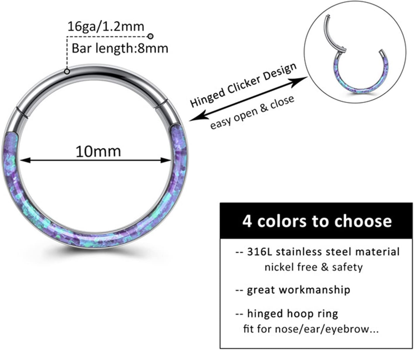 16G Opal Septum Rings Hoop Nose Ring Lip Rings Stainless Steel Hinged Segment Ring Seamless Clicker Ring Cartilage Earrings Hoop Helix Tragus Septum Piercing Jewerly - 我的商店我的商店我的商店