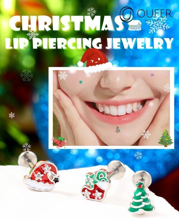 16G Surgical Steel Lip & Cartilage Piercing Jewelry Set – 3PCS Christmas - Themed Lip Rings, Helix, and Tragus Earrings for Women and Men - QIAO CrystalQIAO CrystalQIAO Crystal