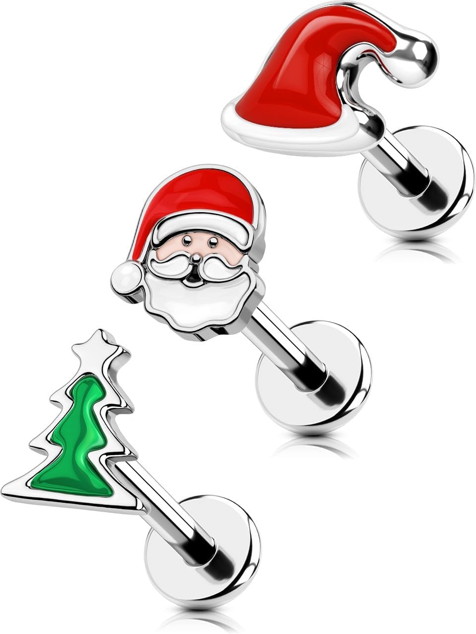 16G Surgical Steel Lip & Cartilage Piercing Jewelry Set – 3PCS Christmas - Themed Lip Rings, Helix, and Tragus Earrings for Women and Men - QIAO CrystalQIAO CrystalQIAO Crystal