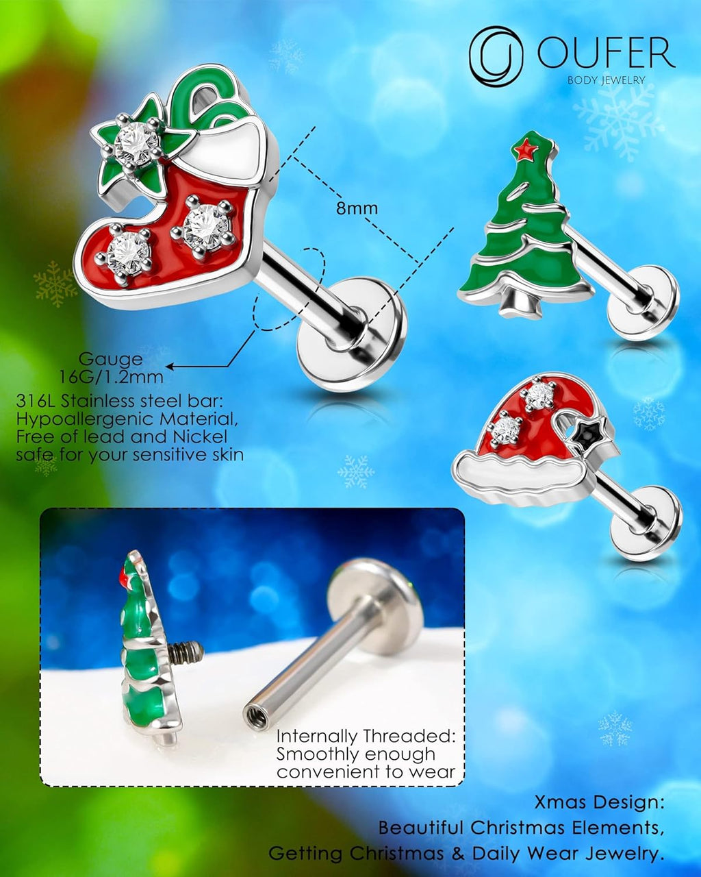 16G Surgical Steel Lip & Cartilage Piercing Jewelry Set – 3PCS Christmas - Themed Lip Rings, Helix, and Tragus Earrings for Women and Men - QIAO CrystalQIAO CrystalQIAO Crystal