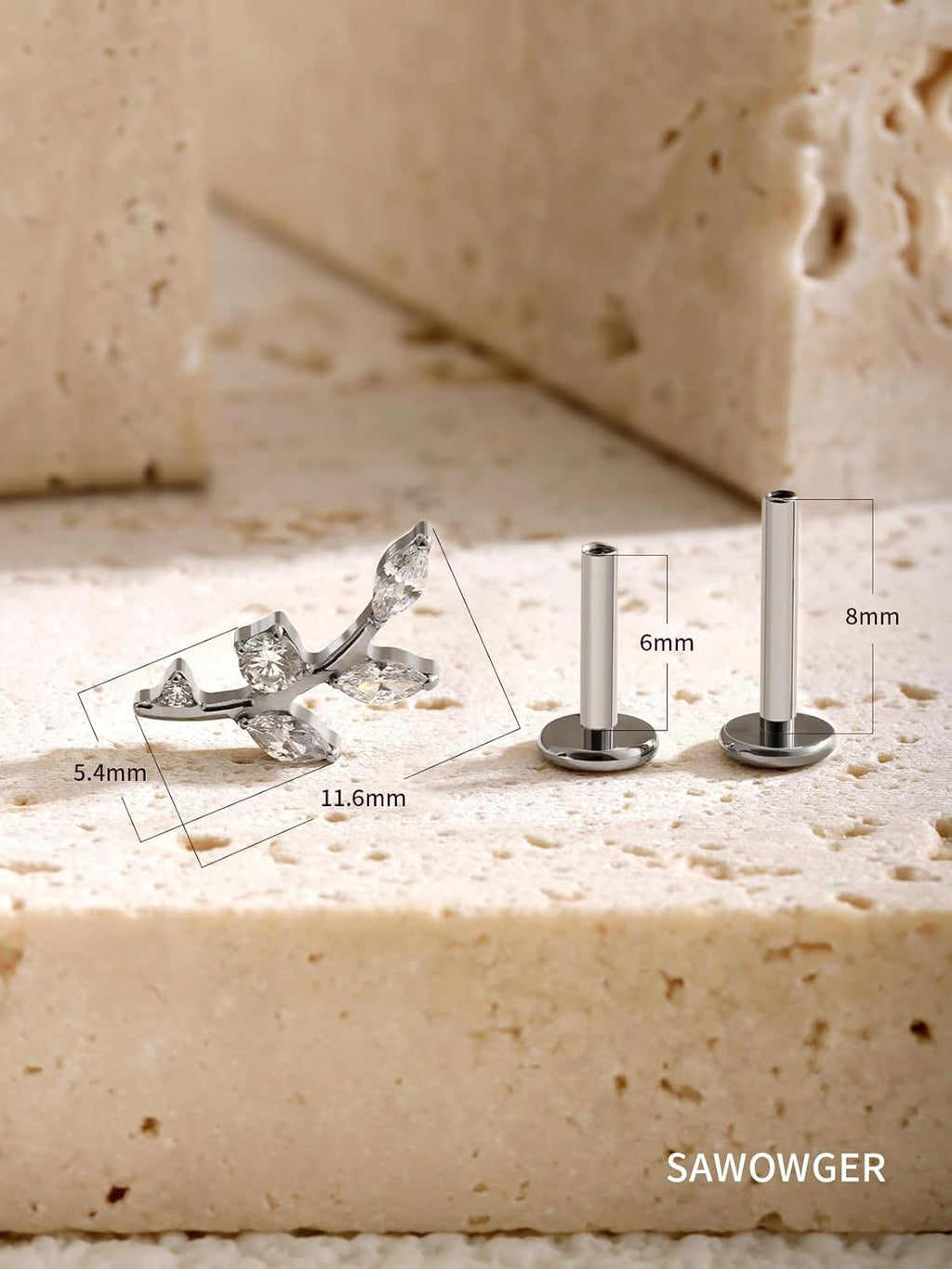 16G Titanium Flat Back Earrings for Women Conch/Helix/Foward Helix/Tragus/Hypoallergenic Piercing Jewelry Internal Thread Cartilage Stud Gold Silver CZ Branch Earrings - QIAO CrystalQIAO CrystalQIAO Crystal