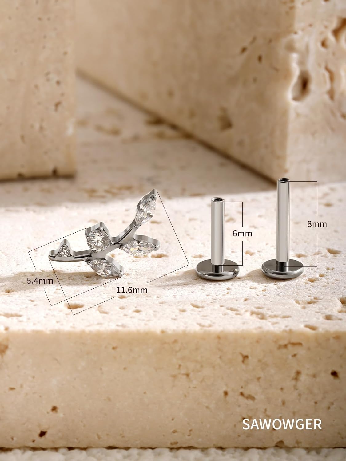 16G Titanium Flat Back Earrings for Women Conch/Helix/Foward Helix/Tragus/Hypoallergenic Piercing Jewelry Internal Thread Cartilage Stud Gold Silver CZ Branch Earrings - QIAO CrystalQIAO CrystalQIAO Crystal