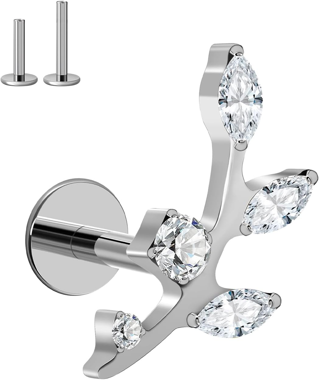 16G Titanium Flat Back Earrings for Women Conch/Helix/Foward Helix/Tragus/Hypoallergenic Piercing Jewelry Internal Thread Cartilage Stud Gold Silver CZ Branch Earrings - QIAO CrystalQIAO CrystalQIAO Crystal