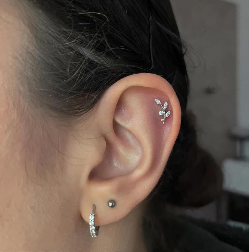 16G Titanium Flat Back Earrings for Women Conch/Helix/Foward Helix/Tragus/Hypoallergenic Piercing Jewelry Internal Thread Cartilage Stud Gold Silver CZ Branch Earrings - QIAO CrystalQIAO CrystalQIAO Crystal