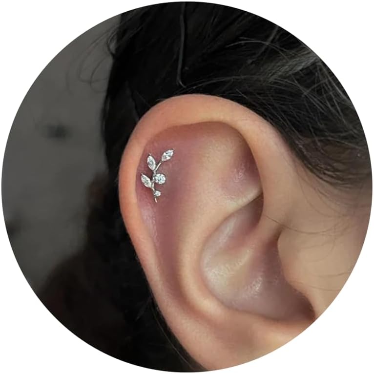 16G Titanium Flat Back Earrings for Women Conch/Helix/Foward Helix/Tragus/Hypoallergenic Piercing Jewelry Internal Thread Cartilage Stud Gold Silver CZ Branch Earrings - QIAO CrystalQIAO CrystalQIAO Crystal