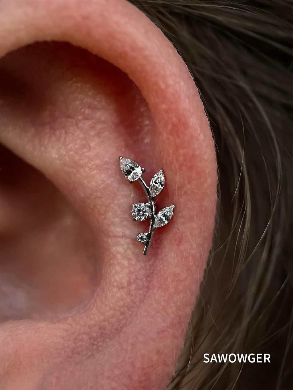 16G Titanium Flat Back Earrings for Women Conch/Helix/Foward Helix/Tragus/Hypoallergenic Piercing Jewelry Internal Thread Cartilage Stud Gold Silver CZ Branch Earrings - QIAO CrystalQIAO CrystalQIAO Crystal