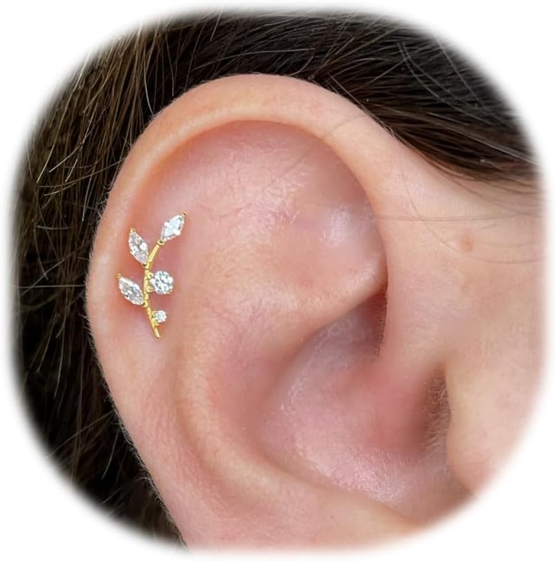 16G Titanium Flat Back Earrings for Women Conch/Helix/Foward Helix/Tragus/Hypoallergenic Piercing Jewelry Internal Thread Cartilage Stud Gold Silver CZ Branch Earrings - QIAO CrystalQIAO CrystalQIAO Crystal