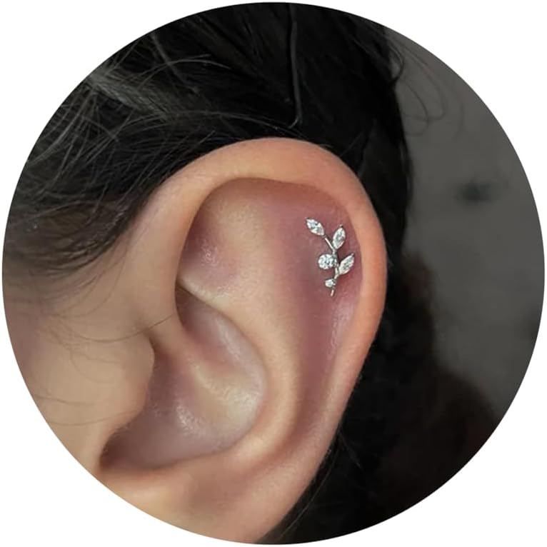 16G Titanium Flat Back Earrings for Women Conch/Helix/Foward Helix/Tragus/Hypoallergenic Piercing Jewelry Internal Thread Cartilage Stud Gold Silver CZ Branch Earrings - QIAO CrystalQIAO CrystalQIAO Crystal