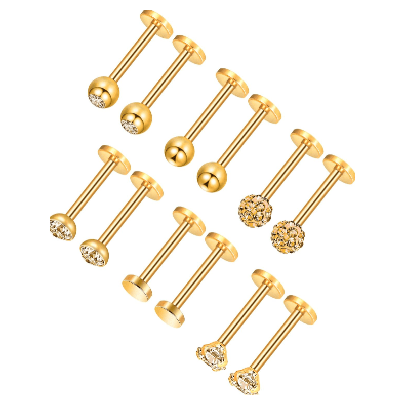 16g Tragus Gold Flat Back Earrings Diamond Crystal Lip Rings Stainless Steel Labret Bars - QIAO CrystalQIAO CrystalQIAO Crystal