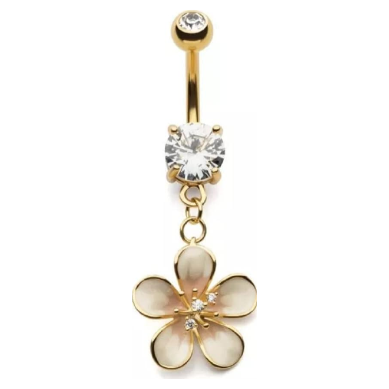 14GA Gold Plated 316L Stainless Steel CZ Crystal White Flower Dangling Belly Button Ring