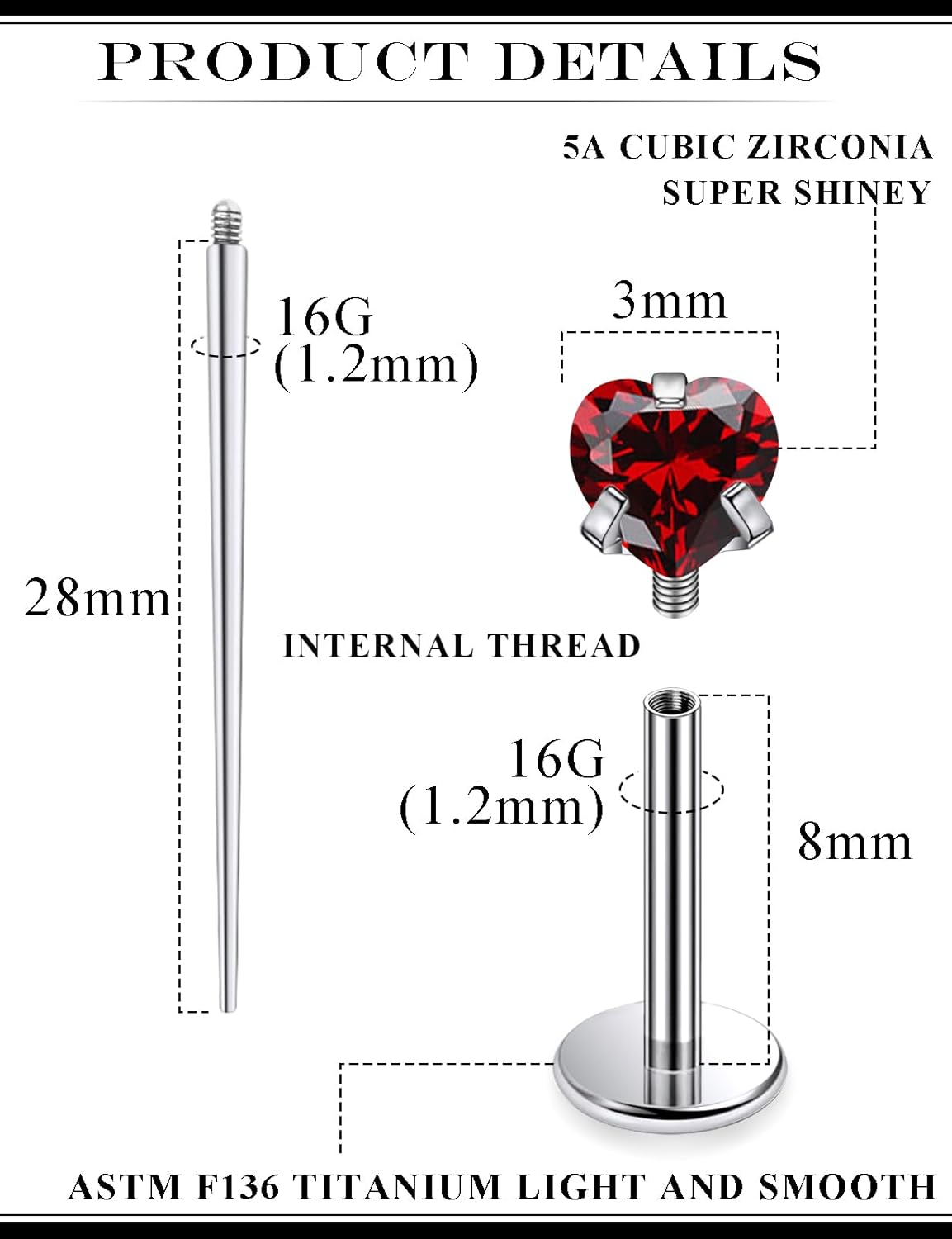 18G 16G Astm F136 Titanium Internal Thread Flat Back Earrings Nose Studs Tragus Helix - QIAO CrystalQIAO CrystalQIAO Crystal