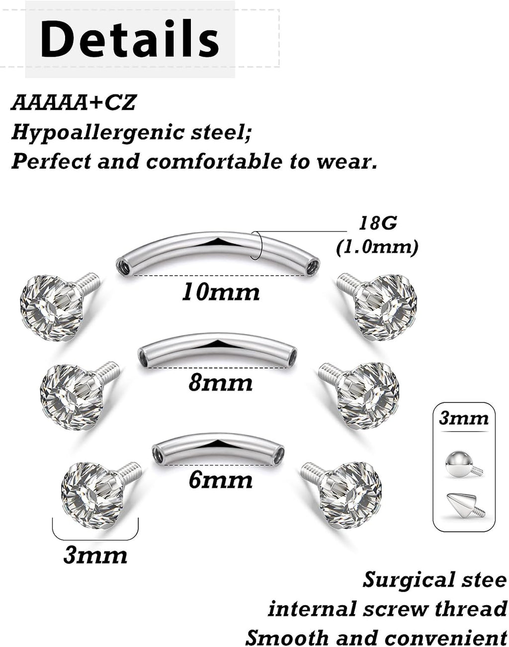 18G Internal Thread Eyebrow Piercing Jewelry Surgical Steel Curved Barbell Tiny Eyebrow Ring Vertical Labret Lip Jewelry Ear Rook Small Belly Button Ring for Women Men 6mm/8mm/10mm - 我的商店我的商店我的商店