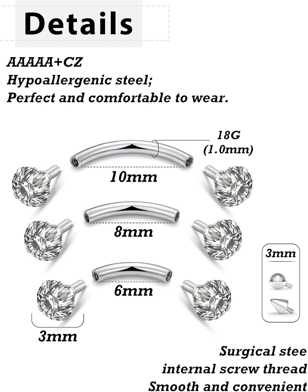 18G Internal Thread Eyebrow Piercing Jewelry Surgical Steel Curved Barbell Tiny Eyebrow Ring Vertical Labret Lip Jewelry Ear Rook Small Belly Button Ring for Women Men 6mm/8mm/10mm - 我的商店我的商店我的商店