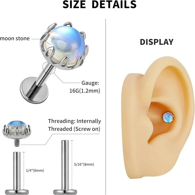 1PC 16G ASTM F136 Titanium Moonstone Cartilage Earring with 6mm 8mm Post