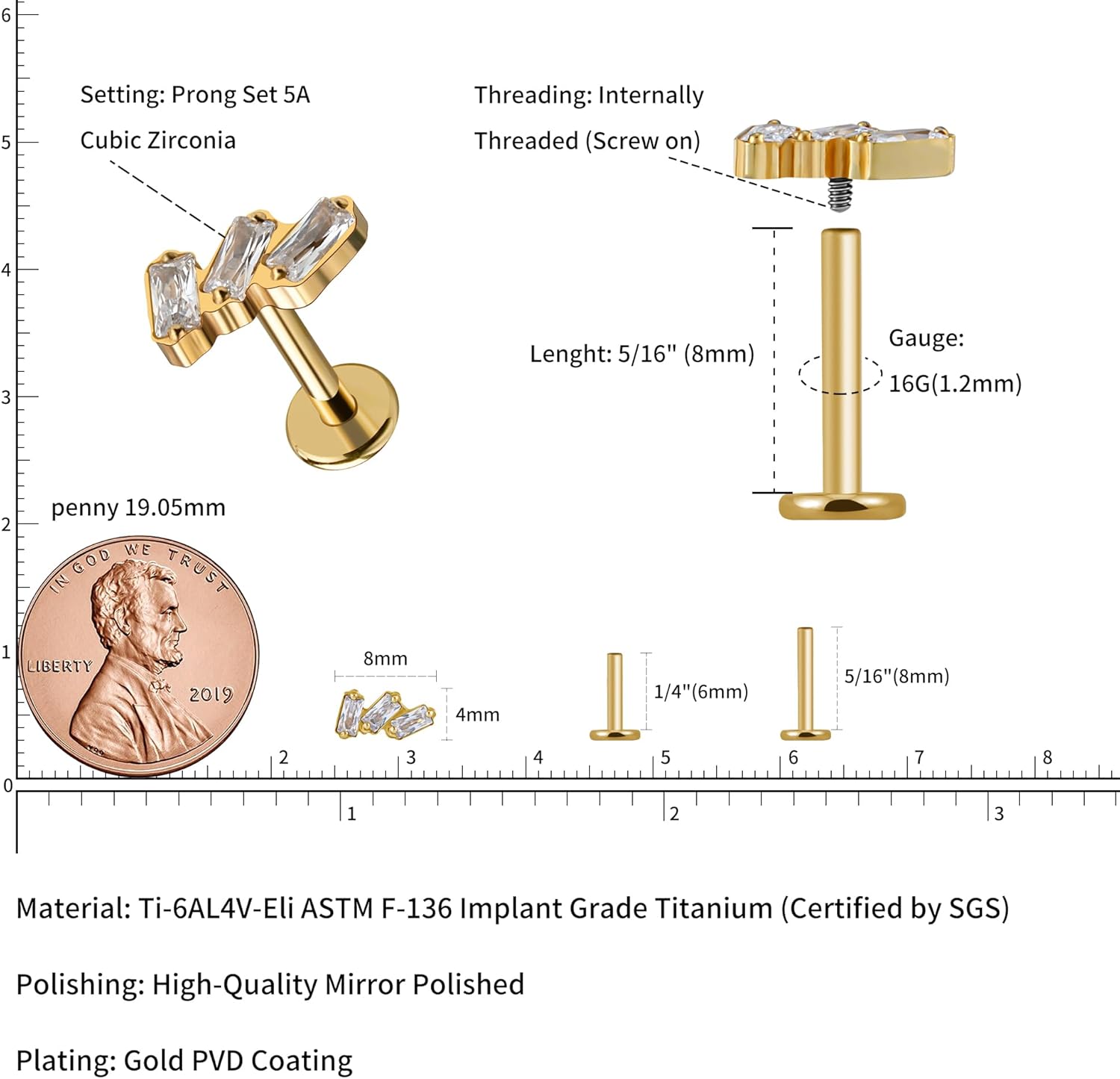 1PC 16G Gold Cartilage Earring ASTM F136 Titanium Piercing Jewelry for Tragus Helix - QIAO CrystalQIAO CrystalQIAO Crystal
