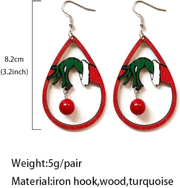 2 pairs Christmas Thanksgiving Earrings for Women Christmas Wooden Painted Teardrop Dangle Earring Holiday Christmas Jewelry - 我的商店我的商店我的商店