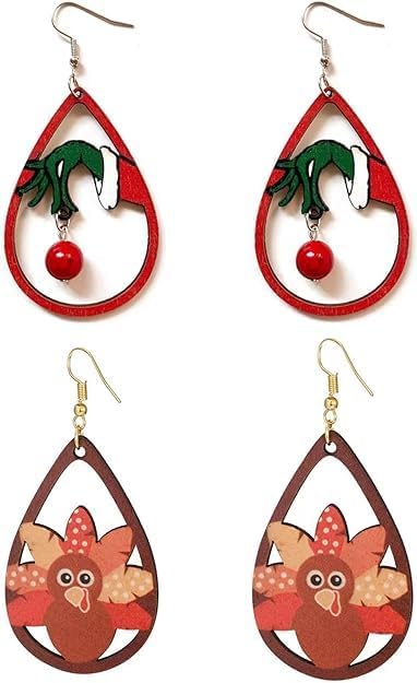 2 pairs Christmas Thanksgiving Earrings for Women Christmas Wooden Painted Teardrop Dangle Earring Holiday Christmas Jewelry - 我的商店我的商店我的商店