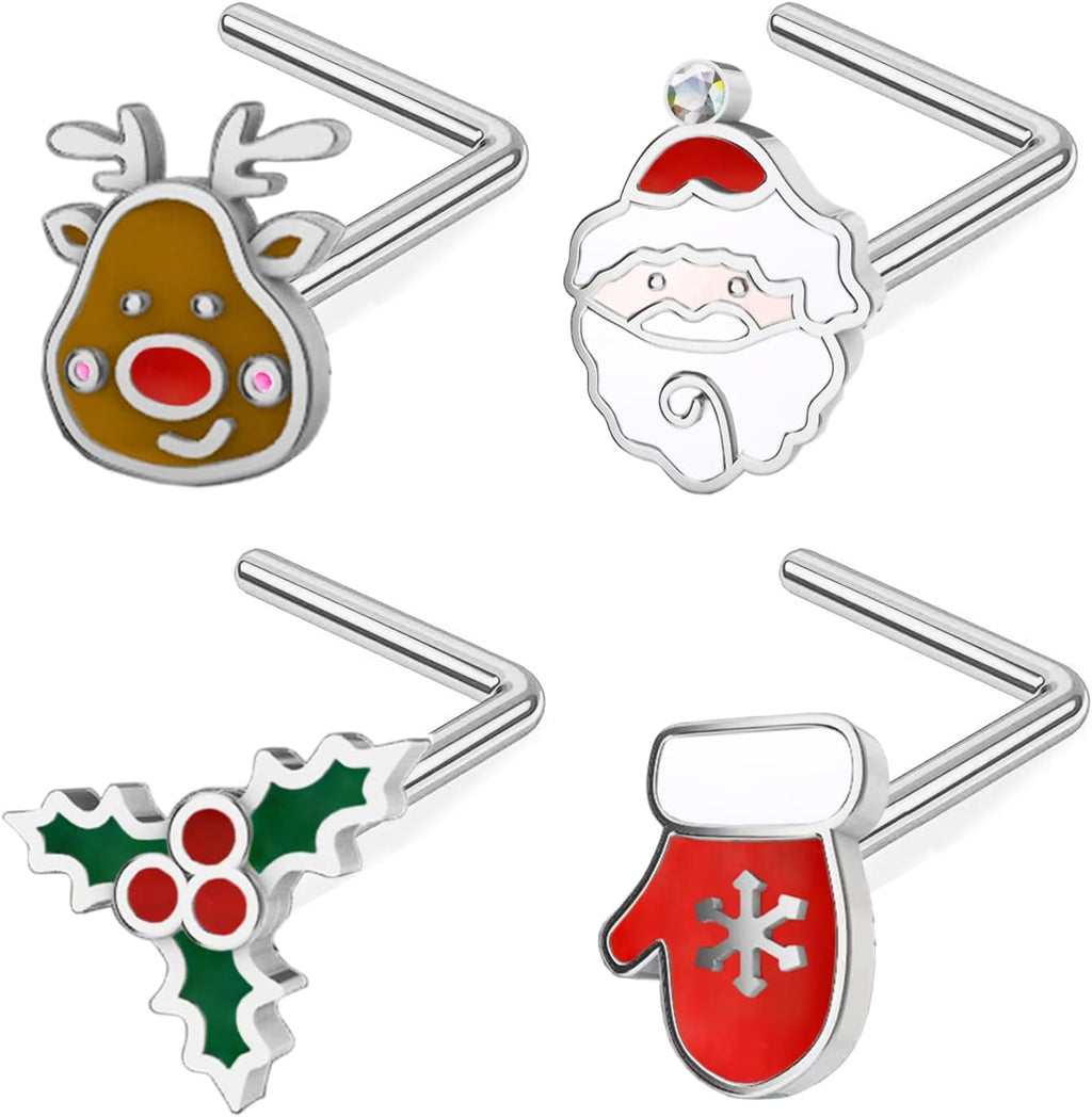 20G Christmas Nose Rings Pack Christmas Elements L - Shaped Nose Piercing Jewelry 316L Stainless Steel snowmen Nose Ring Stud Nostril Piercing Jewelry for Women,Men - QIAO CrystalQIAO CrystalQIAO Crystal