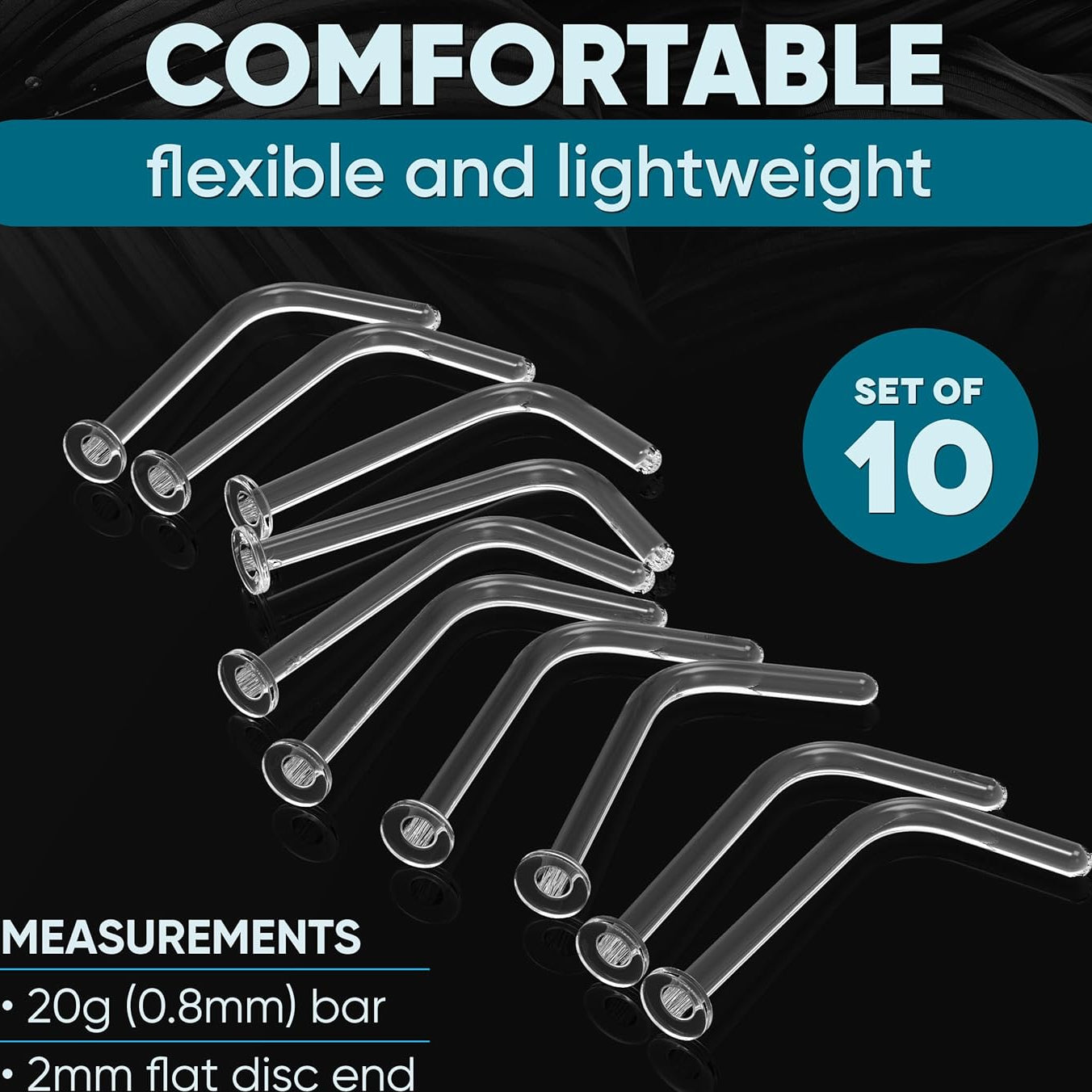 20g Clear Nose Ring Retainer L Shape Nose Rings Studs - Plastic Retainers Flat Top Clear Nose Studs 20 Gauge (0.8mm) 10pcs - QIAO CrystalQIAO CrystalQIAO Crystal