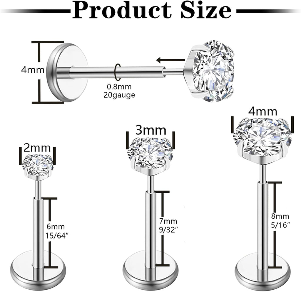 20G Flat Back Earrings Stud G23 Titanium Threadless Tragus Labret Cartilage Lip Medusa Conch Body Piercing Jewelry Hypoallergenic for Women Men - QIAO CrystalQIAO CrystalQIAO Crystal