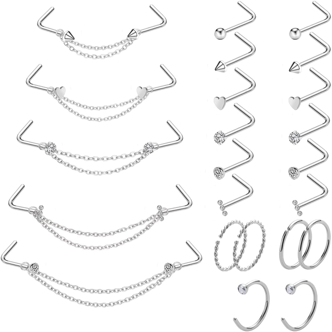 20G Nose Ring Piercing Chain Stainless Steel Across Nostril Jewelry - QIAO CrystalQIAO CrystalQIAO Crystal