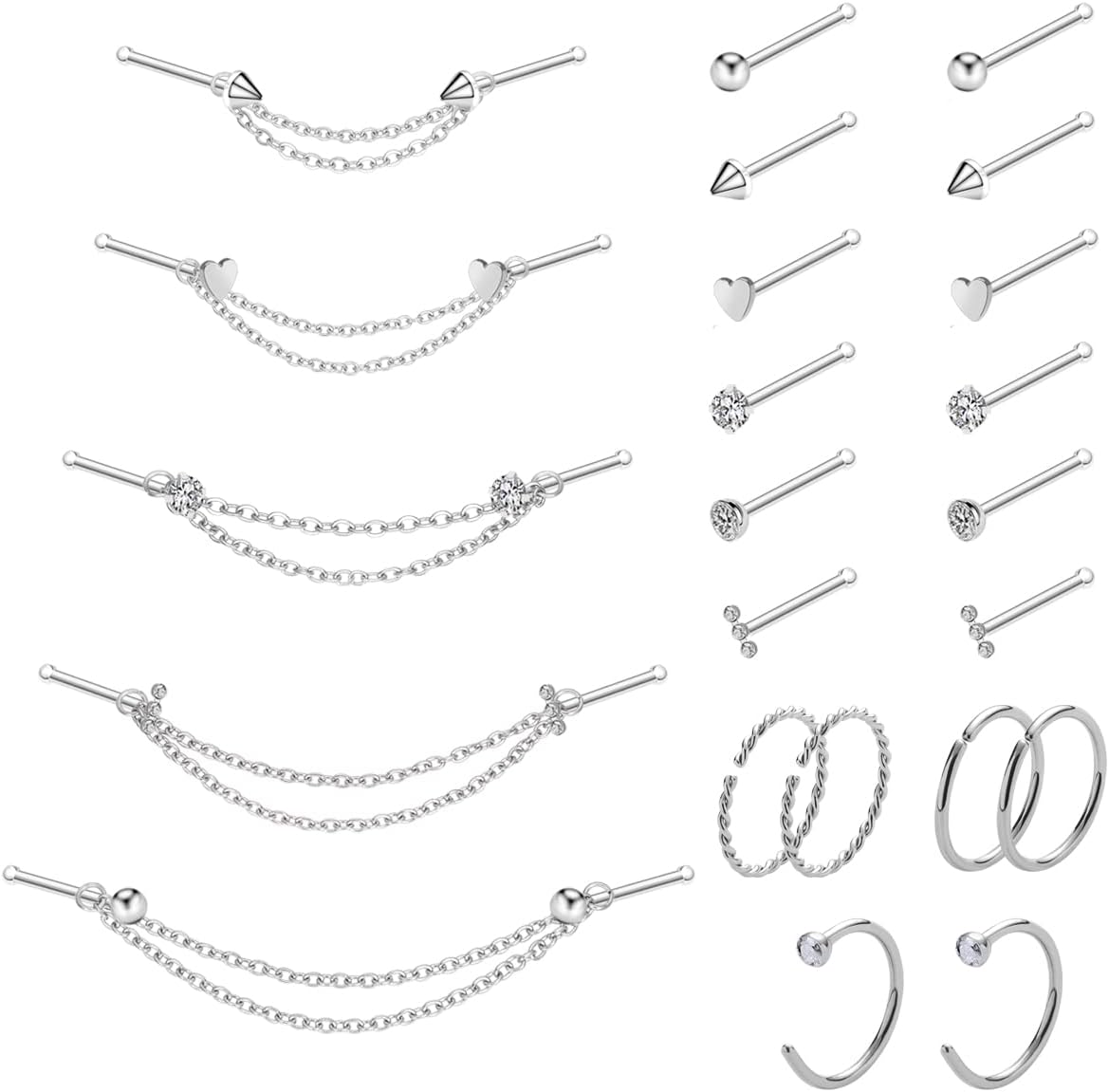 20G Nose Ring Piercing Chain Stainless Steel Across Nostril Jewelry - QIAO CrystalQIAO CrystalQIAO Crystal