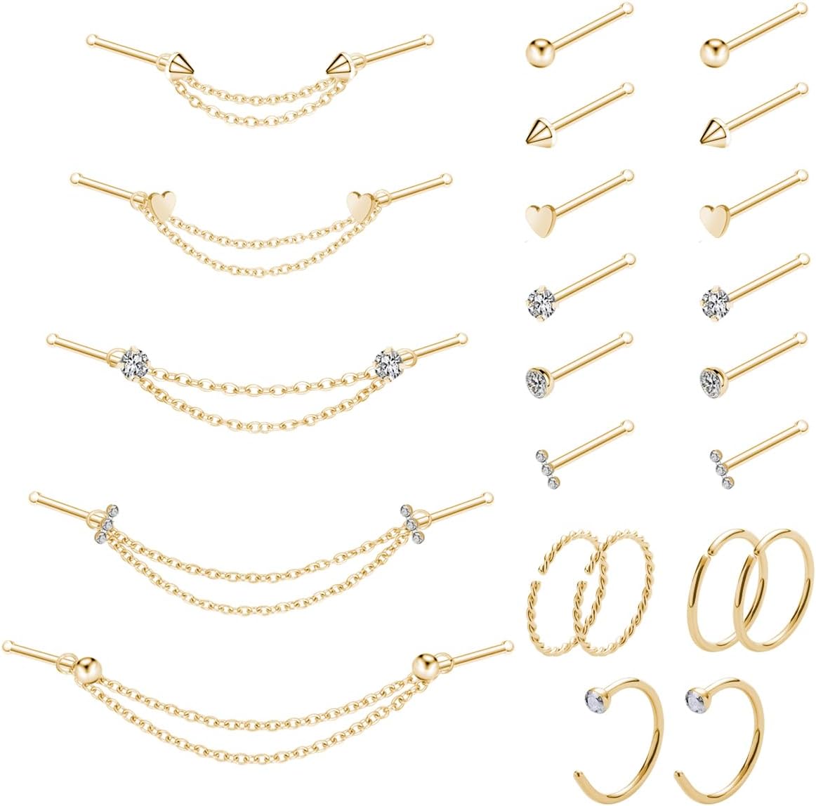 20G Nose Ring Piercing Chain Stainless Steel Across Nostril Jewelry - QIAO CrystalQIAO CrystalQIAO Crystal