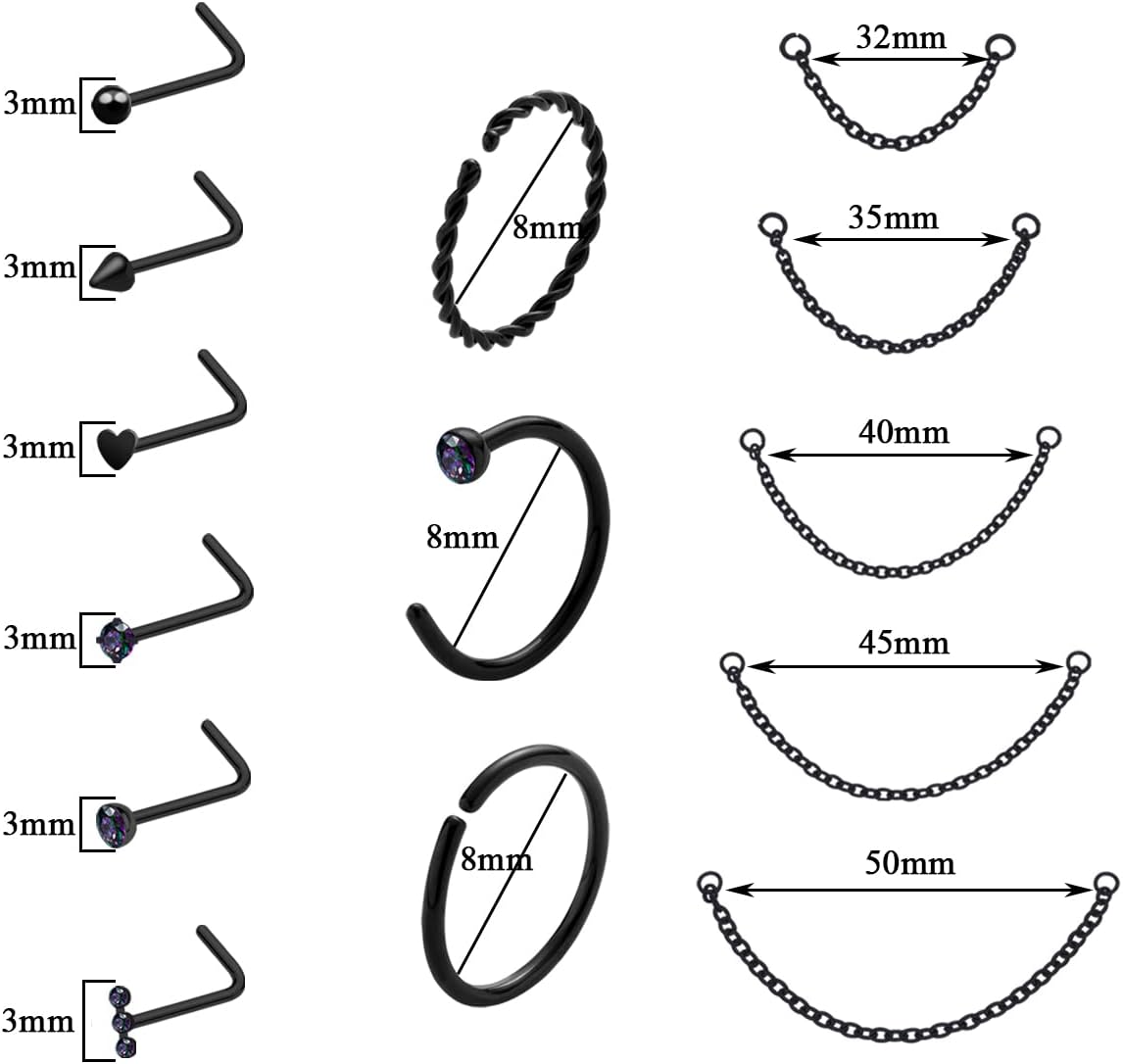 20G Nose Ring Piercing Chain Stainless Steel Across Nostril Jewelry - QIAO CrystalQIAO CrystalQIAO Crystal