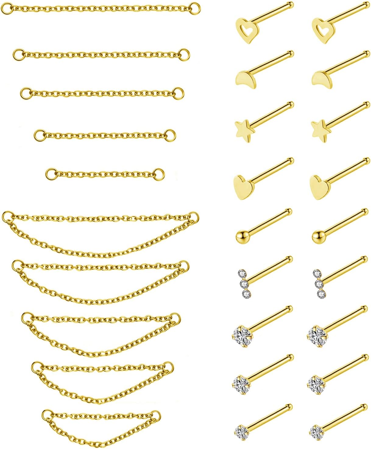 20G Stainless Steel Nose Ring Stud Nose Ring Chain Double Nose Stud Heart - QIAO CrystalQIAO CrystalQIAO Crystal