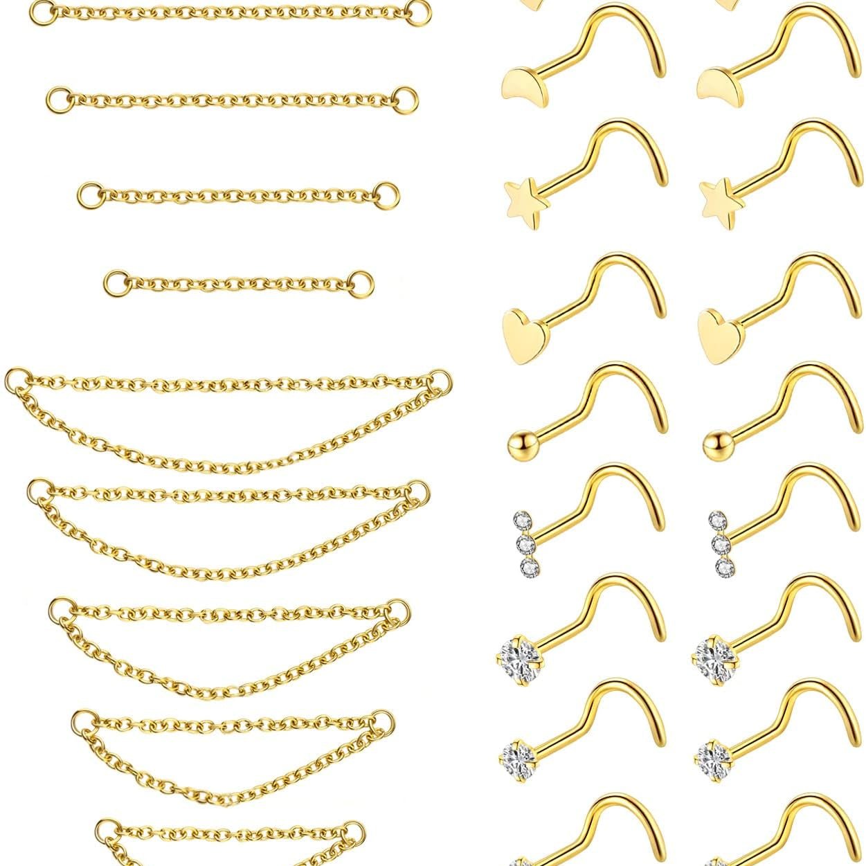 20G Stainless Steel Nose Ring Stud Nose Ring Chain Double Nose Stud Heart - QIAO CrystalQIAO CrystalQIAO Crystal