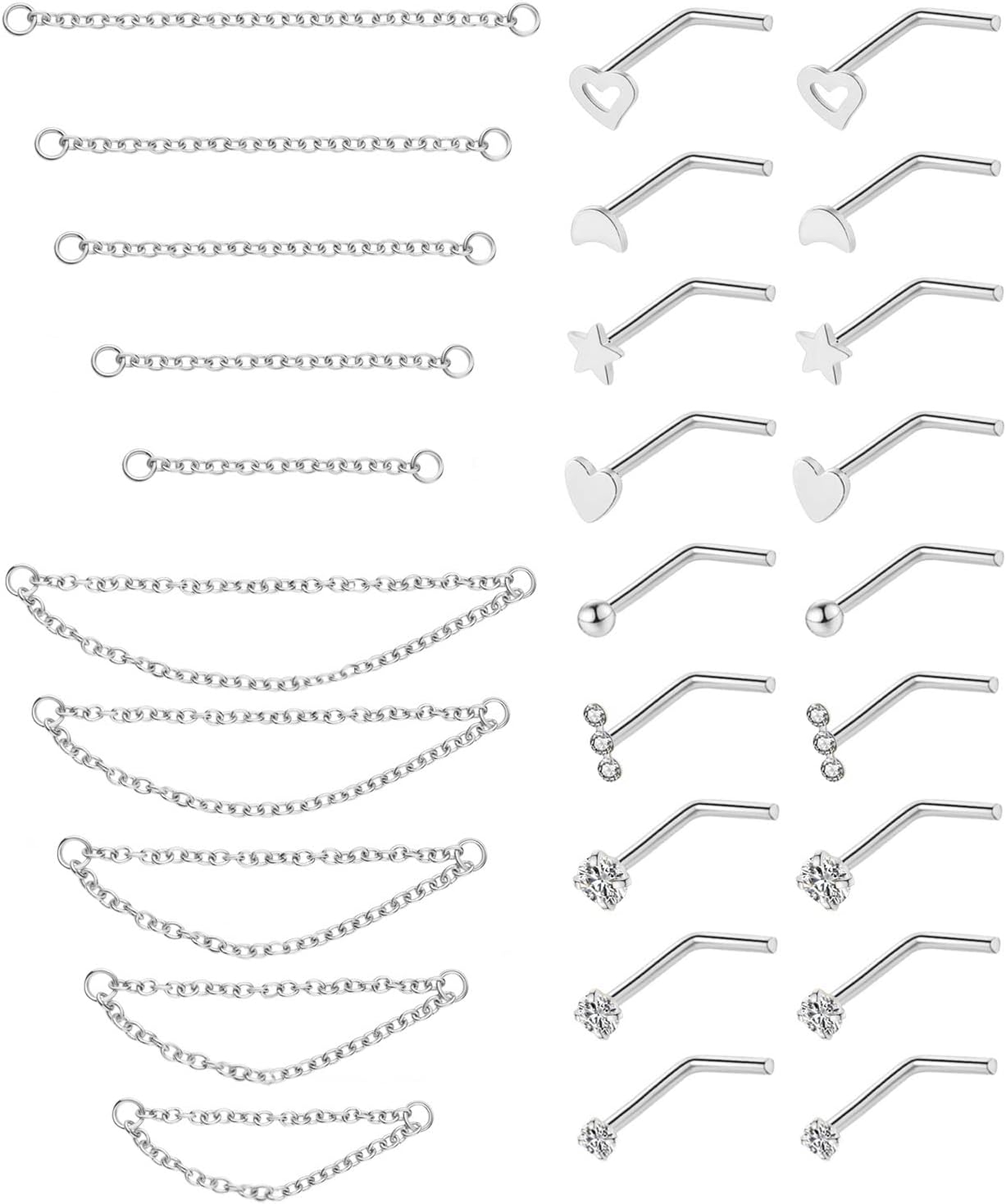 20G Stainless Steel Nose Ring Stud Nose Ring Chain Double Nose Stud Heart - QIAO CrystalQIAO CrystalQIAO Crystal