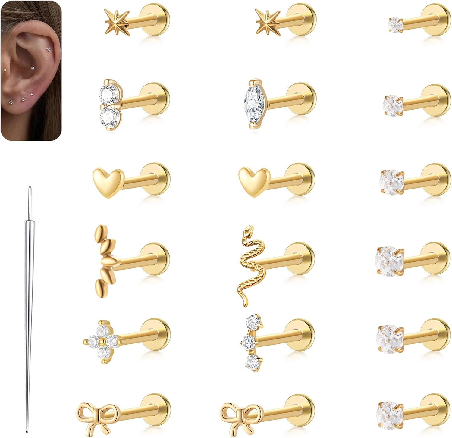 20G/18G/16G Flat Back Earrings Tiny artilage Earring Threadless Tragus Helix Stud Conch Piercing Jewelry - QIAO CrystalQIAO CrystalQIAO Crystal