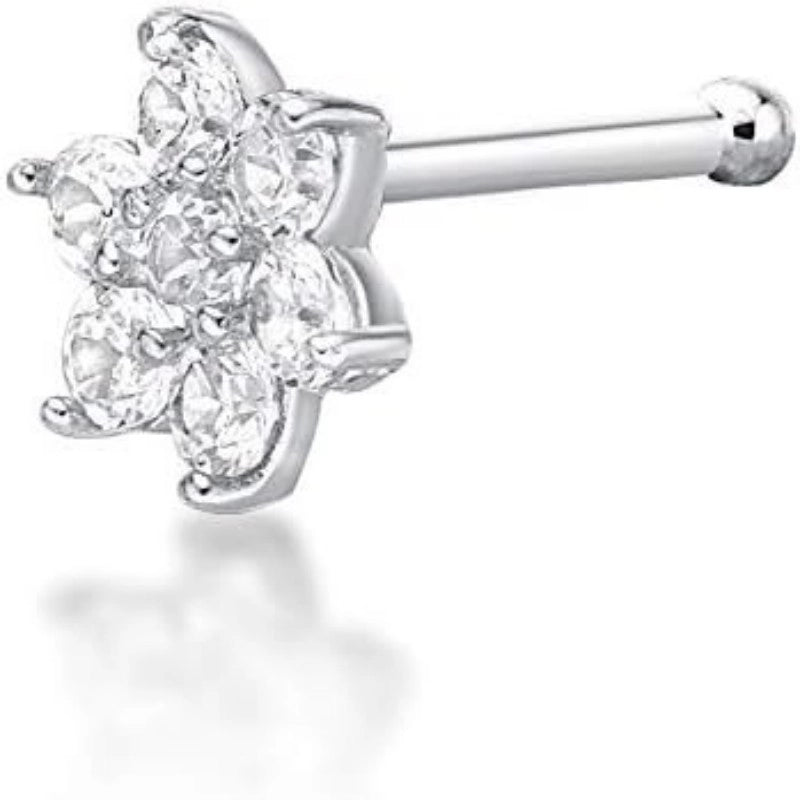 22 Gauge Straight Bone Flower Nose Stud 14k White or Yellow Gold 4.5mm Cubic Zirconia Nose Ring