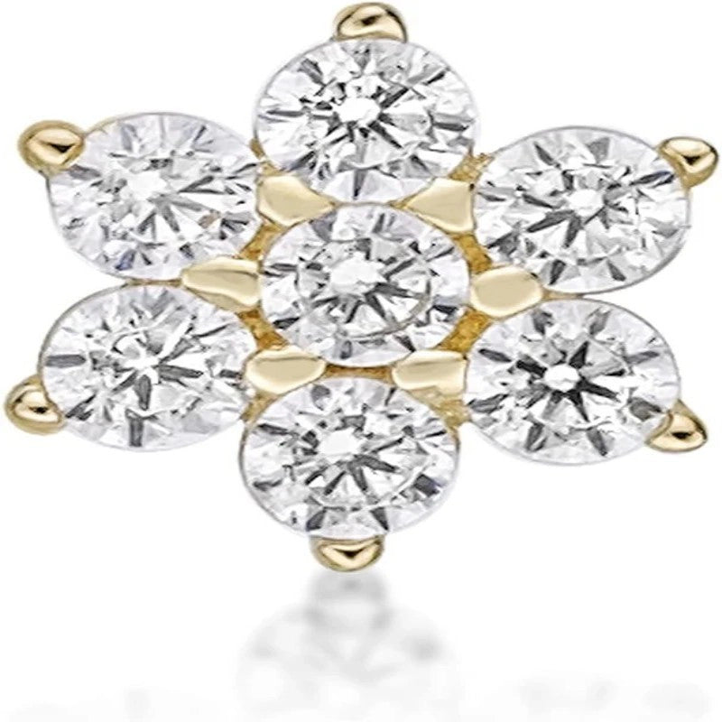 22 Gauge Straight Bone Flower Nose Stud 14k White or Yellow Gold 4.5mm Cubic Zirconia Nose Ring
