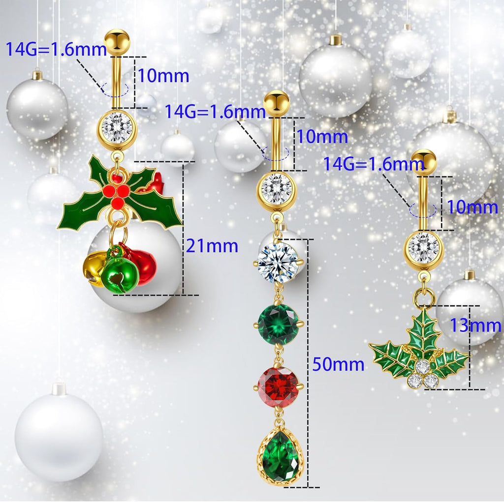 2~3 Pcs Christmas Dangle Mistletoe Belly Button Rings Stainless Steel Jingling Bell Navel Rings for Women 14G 316L Belly Piercing Jewelry - 我的商店我的商店我的商店