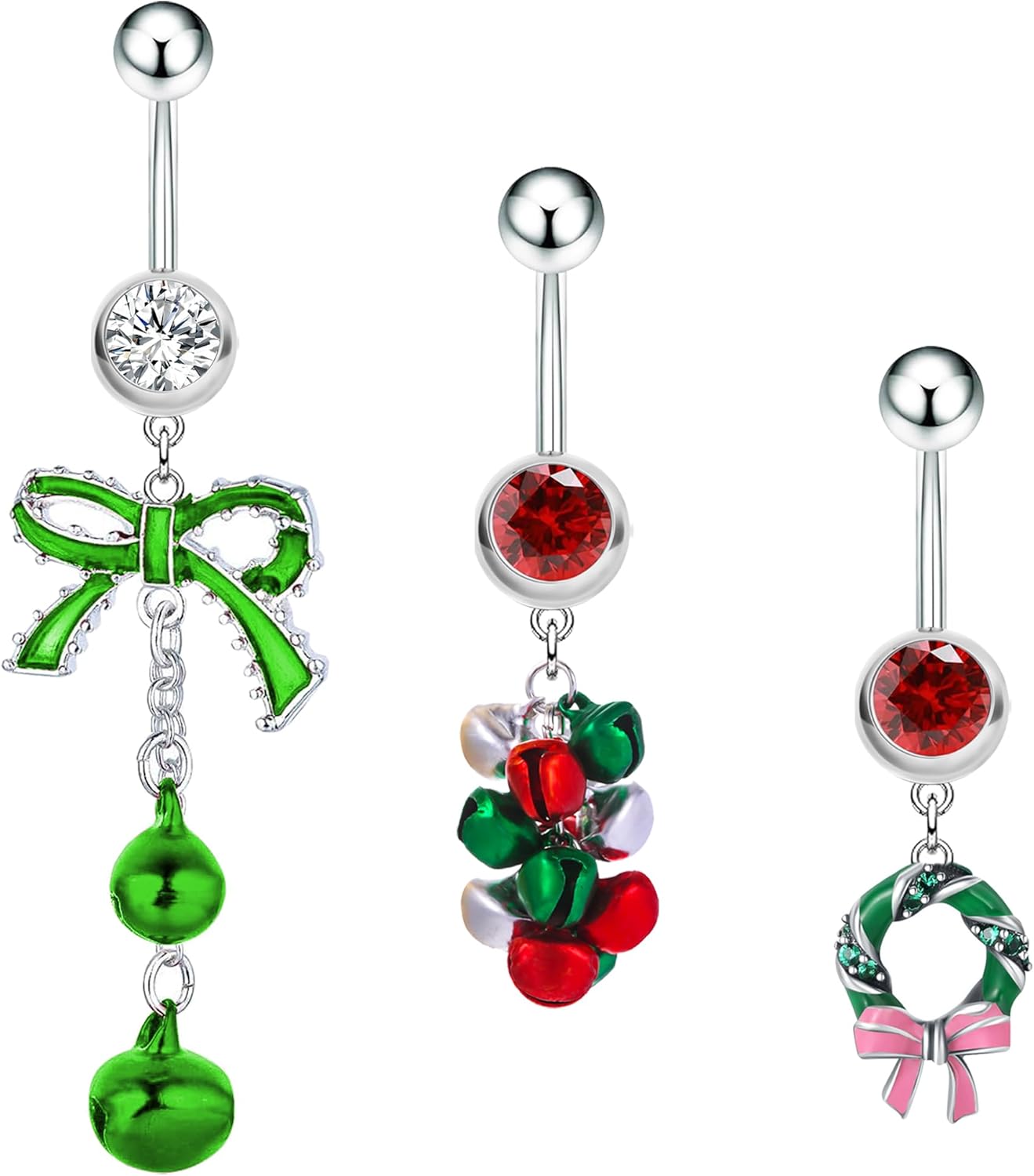 2~3 Pcs Christmas Dangle Mistletoe Belly Button Rings Stainless Steel Jingling Bell Navel Rings for Women 14G 316L Belly Piercing Jewelry - 我的商店我的商店我的商店