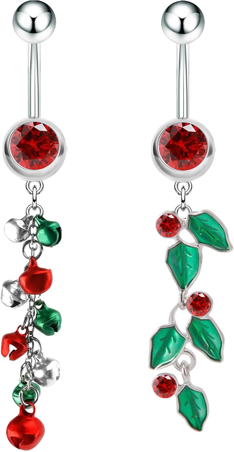 2~3 Pcs Christmas Dangle Mistletoe Belly Button Rings Stainless Steel Jingling Bell Navel Rings for Women 14G 316L Belly Piercing Jewelry - 我的商店我的商店我的商店
