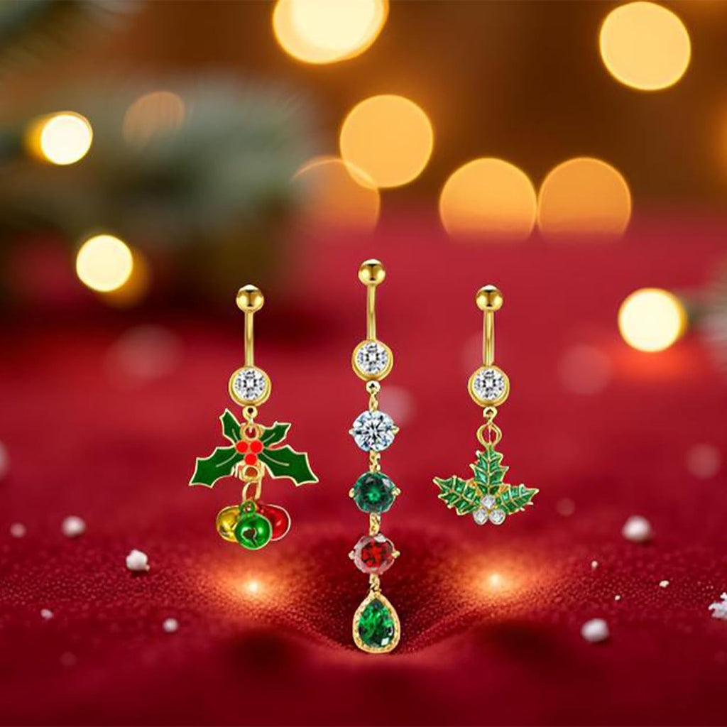2~3 Pcs Christmas Dangle Mistletoe Belly Button Rings Stainless Steel Jingling Bell Navel Rings for Women 14G 316L Belly Piercing Jewelry - 我的商店我的商店我的商店