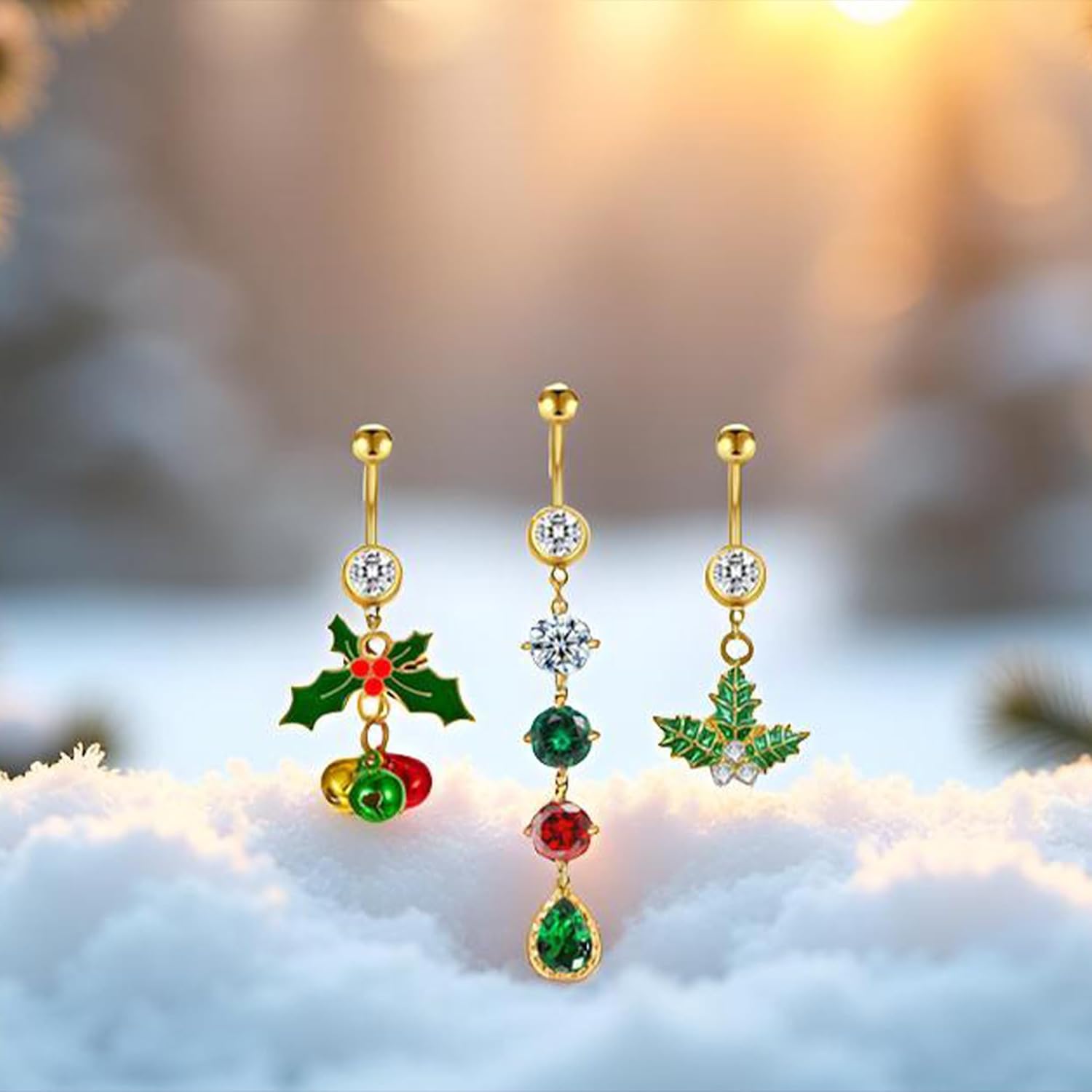 2~3 Pcs Christmas Dangle Mistletoe Belly Button Rings Stainless Steel Jingling Bell Navel Rings for Women 14G 316L Belly Piercing Jewelry - 我的商店我的商店我的商店