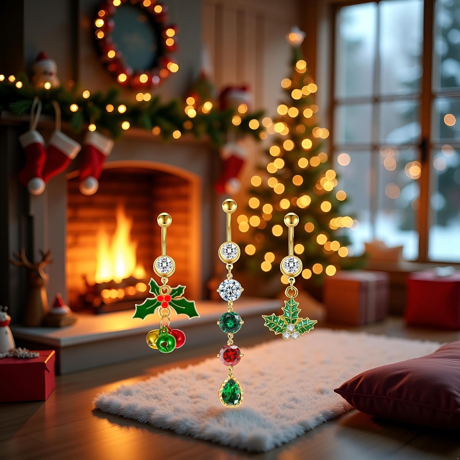 2~3 Pcs Christmas Dangle Mistletoe Belly Button Rings Stainless Steel Jingling Bell Navel Rings for Women 14G 316L Belly Piercing Jewelry - 我的商店我的商店我的商店